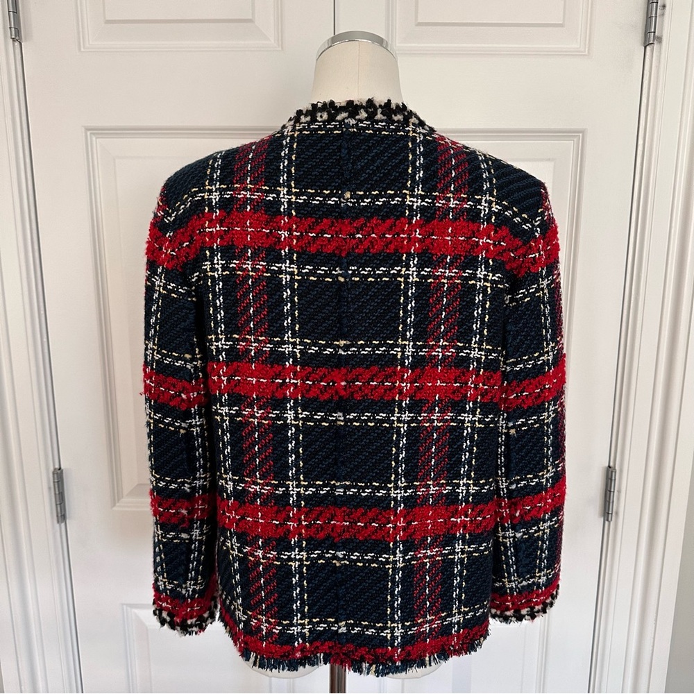 Zara Navy Black Red Plaid Bouckle Tweed Pearl Beaded Trim Blazer Jacket Size L❤️ - Picture 10 of 15